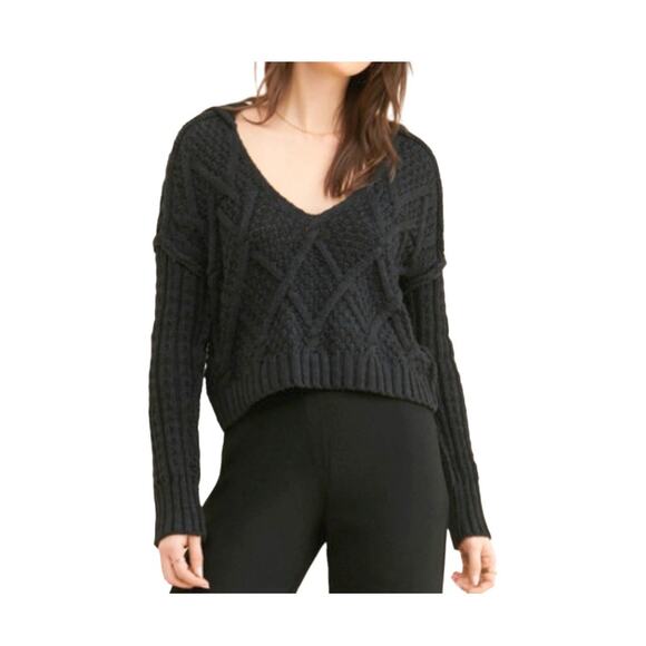 Free People Black Traveler Cable Collared V-Neck Cropped Sweater Women Size XS - Picture 1 of 14